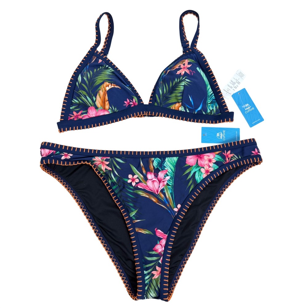 Cupshe Floral Bikini Set L/XL Navy Blue Tropical Whipstitch Boho‎ Swimsuit